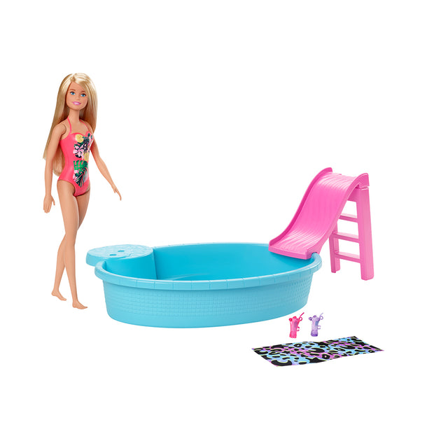 Barbie Doll, 11.5-Inch Blonde, And Pool Playset With Slide And Accessories