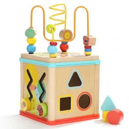 Wooden Activity Cube - Baby Educational Toy with Bead Maze Shape Sorter Garden centre - Mastermind Toys___255074