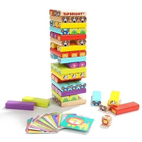 Wooden Tumbling Tower Toy - Colored Stacking Building Blocks with Animal Pictures & Dice Party Game - Mastermind Toys___255073