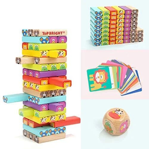 Wooden Tumbling Tower Toy - Colored Stacking Building Blocks with Animal Pictures & Dice Party Game - Mastermind Toys___255073
